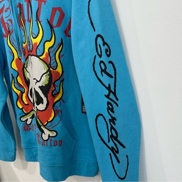 Ed Hardy Flames Skull Tattoo Pullover Sweatshirt Hoodie Turquoise Blue Large NWT - Picture 4 of 9